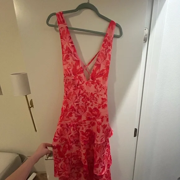 Floral Pink & Red V-Neck Tiered Women’s Dress - Picture 1 of 4
